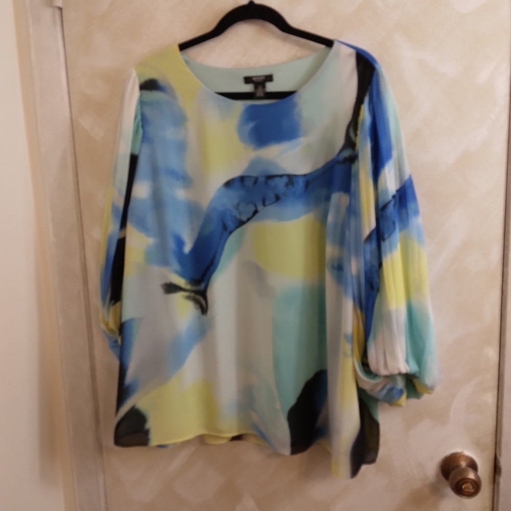 2X Alfani Blouse Balloon Sleeve Blue Yellow Black Teal Pullover